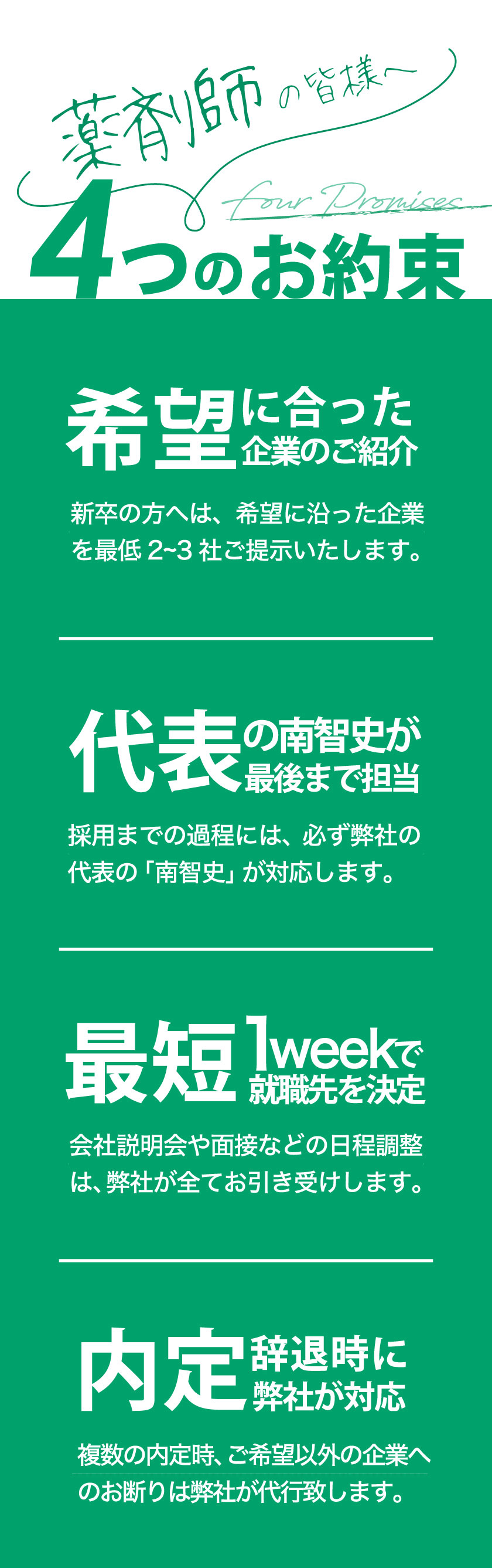 薬剤師の皆様へ 4つのお約束　希望に合った企業のご紹介　代表の南智史が最後まで担当　最短1weekで就職先を決定　内定辞退時に弊社が対応